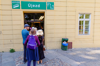 Passengers line up at the Újezd (lower) station of Petrin Funicular, Prague