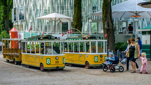 Mini-trams in Tivoli Gardens, Copenhagen, Denmark.