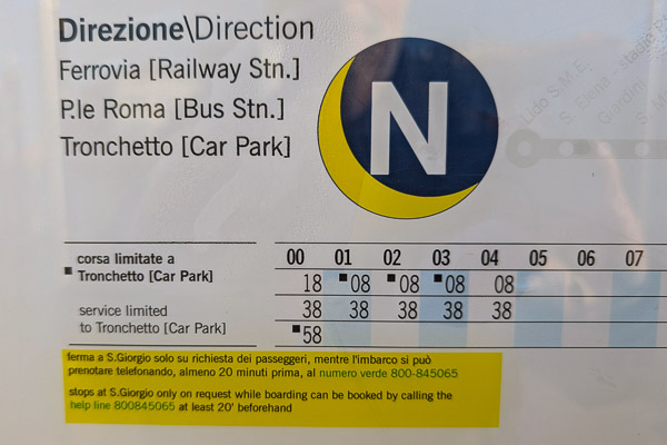 ACTV 'N' Night Boat timetable from Ca' d'Oro, Venice.