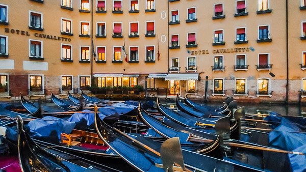 Hotel Cavaletto and gondolas, Venice, Italy.