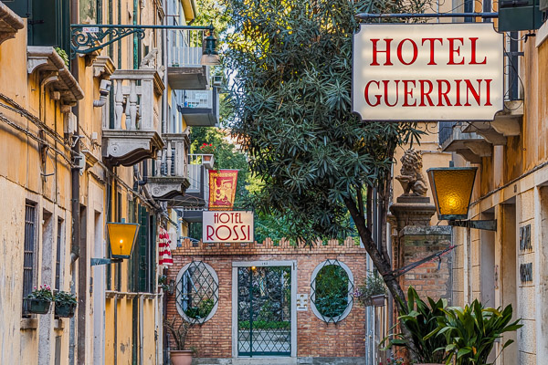 Hotel Guerrini sign in Venice, Italy.